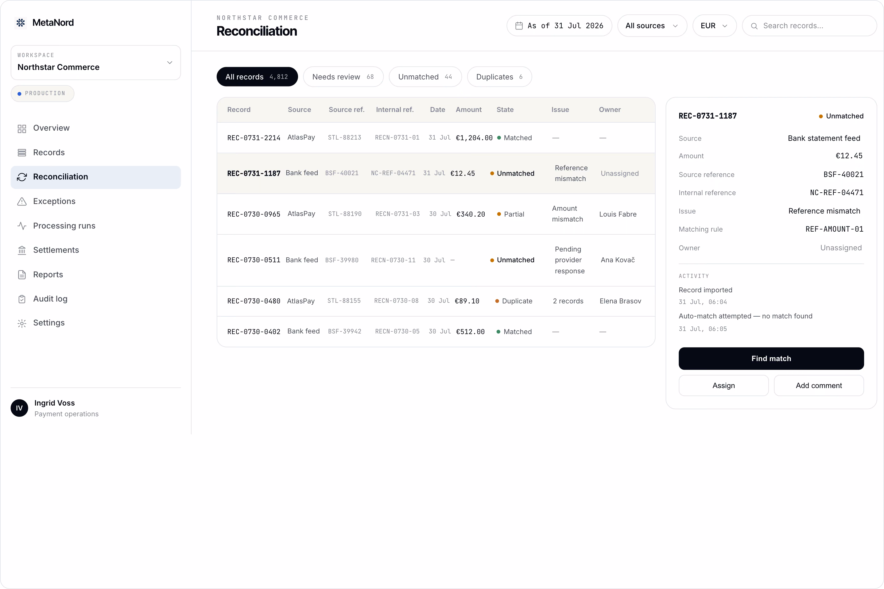 MetaNord Platform reconciliation workspace showing a filtered record list and a selected record's match status and timeline.