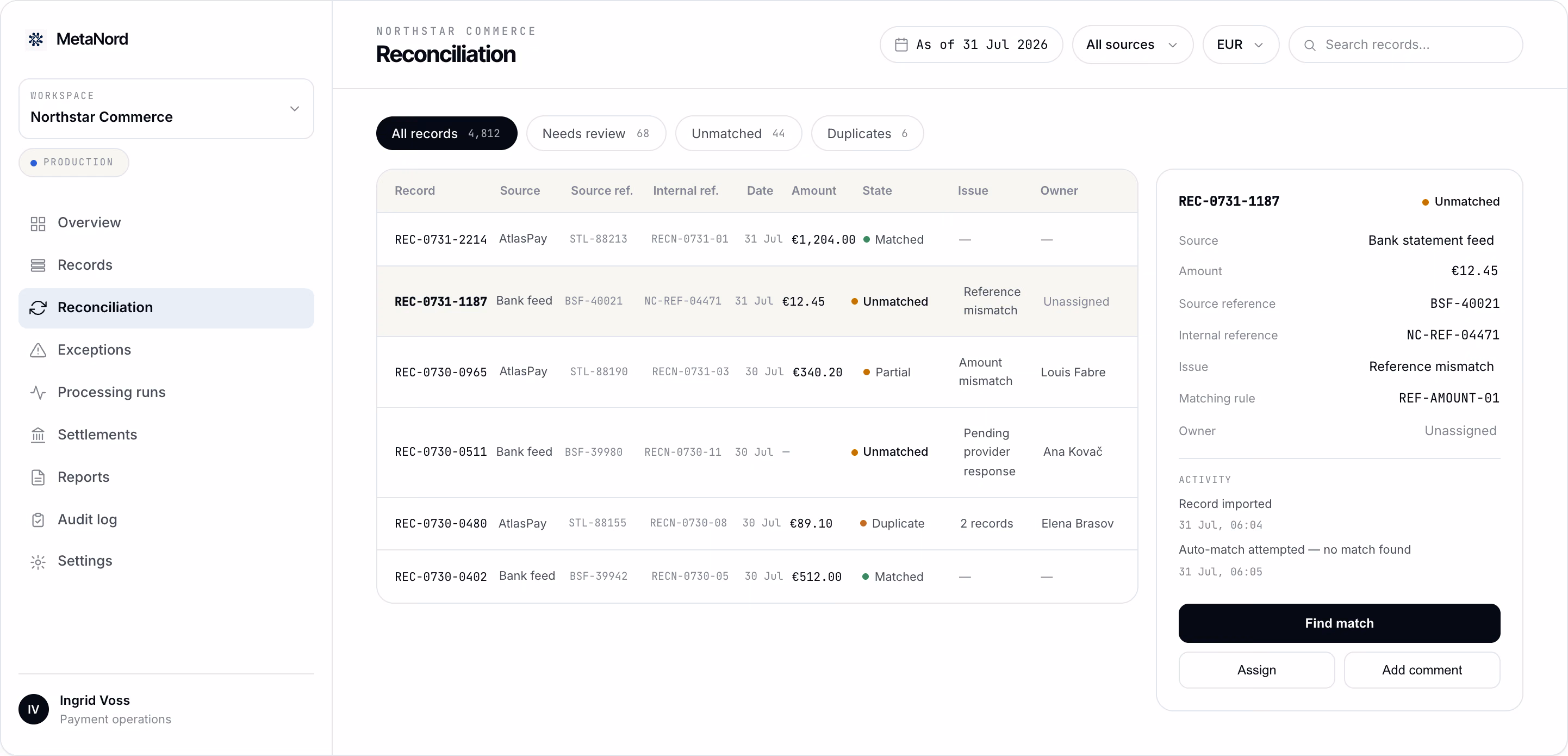 MetaNord Platform reconciliation workspace showing a filtered record list and a selected record's match status and timeline.