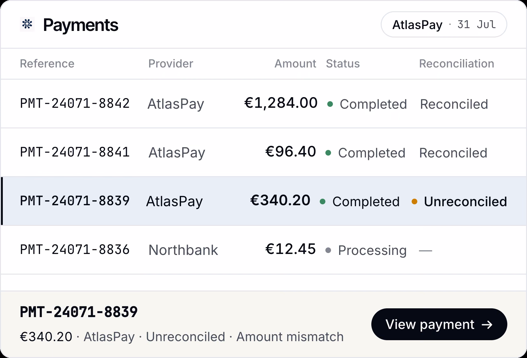 Payments interface with a selected unreconciled payment