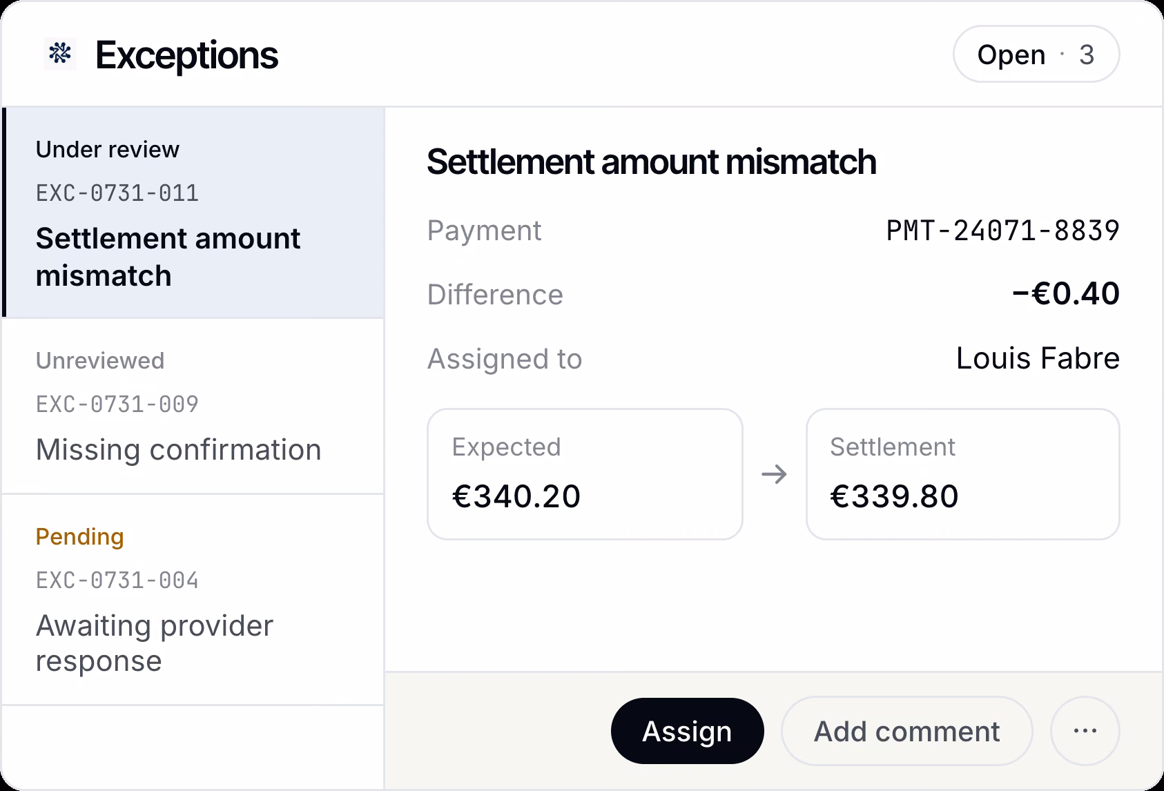 Exceptions interface showing a settlement amount mismatch