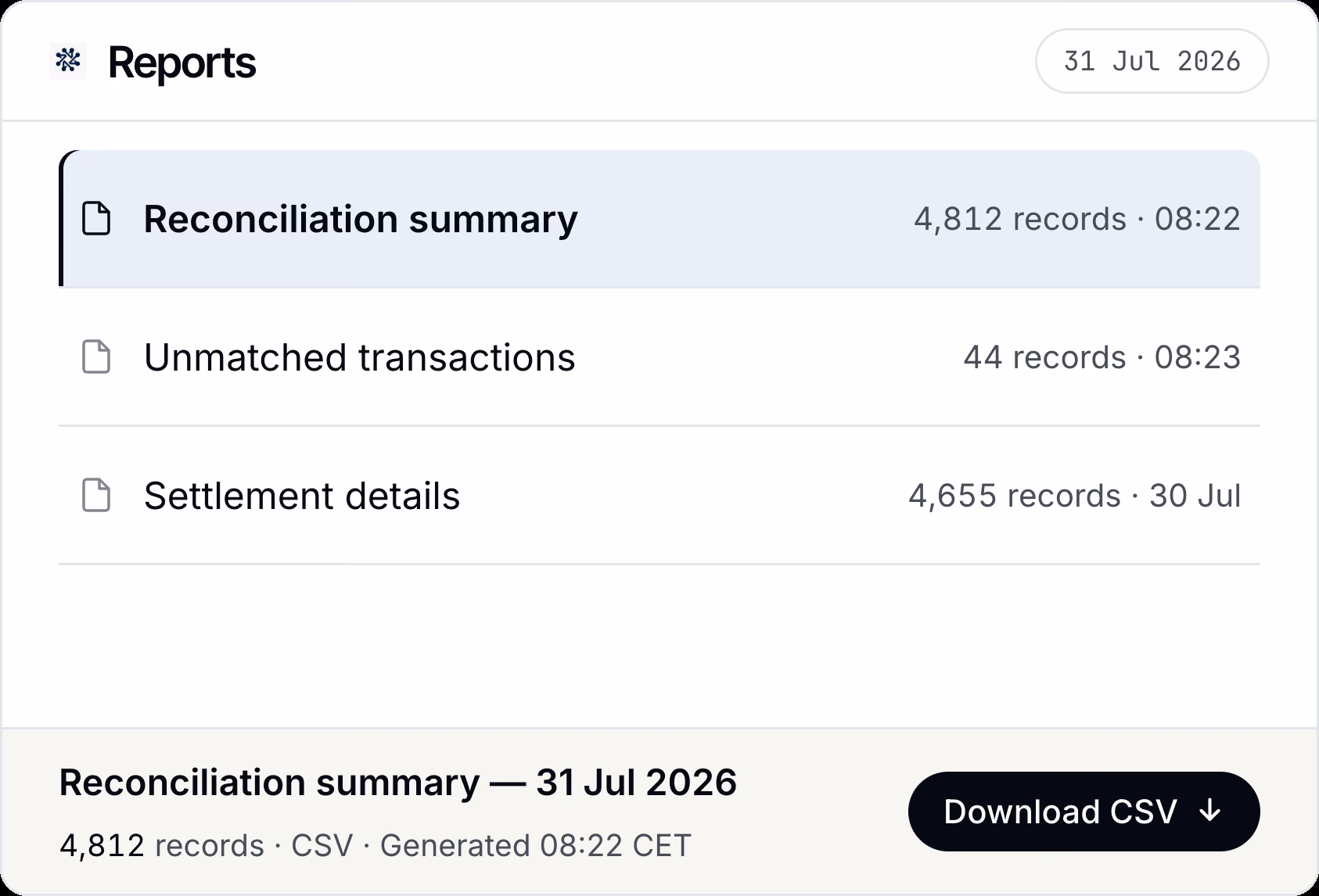 Reports interface with a selected reconciliation summary
